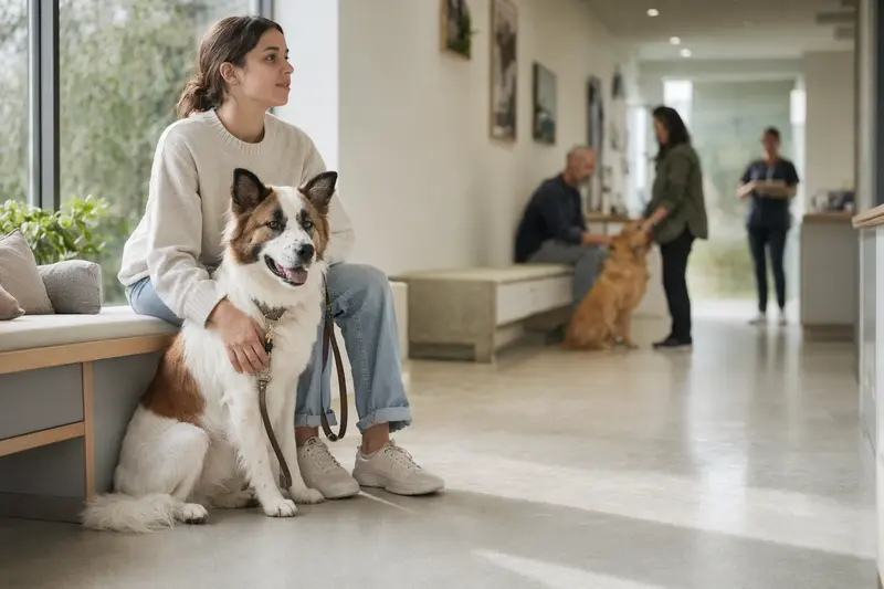 Ein Bangkaew Dog sitzt ruhig neben seinem Besitzer in einem hellen Wartezimmer einer modernen Tierarztpraxis.
